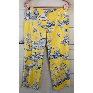 Liquid Women Yellow Blue Toile De Jouy Print Ankle Pants Size 8 Style 22396